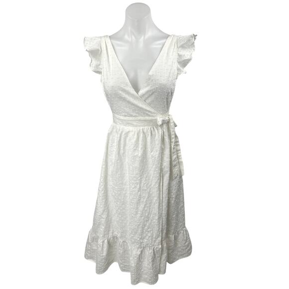 NEW Hello Molly White Ruffle Short Sleeve Embroidered V-Neck Midi Wrap Dress 4 - Picture 1 of 5